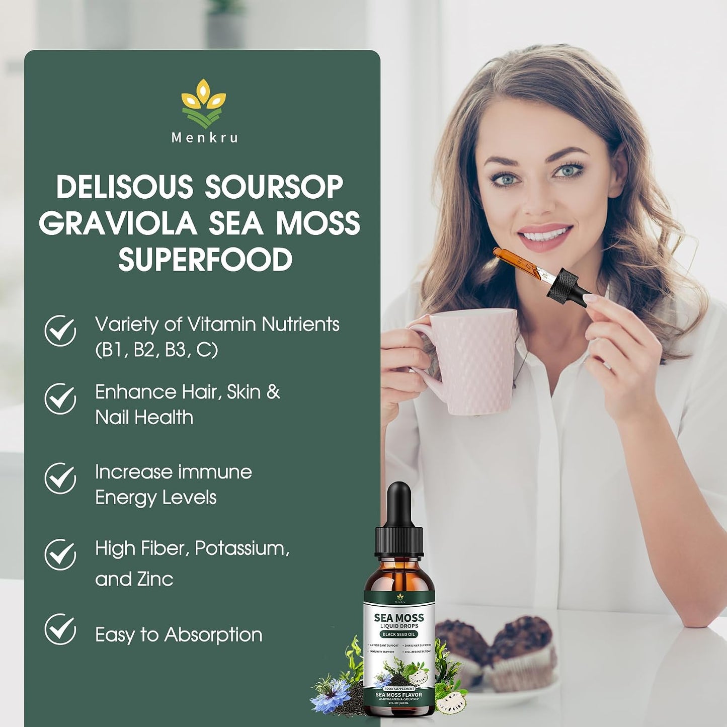 (2 Pack) Sea Moss Liquid Drops with Black Seed Oil, Soursop Bitters, and Irish Seaweed Gel - görsel 4