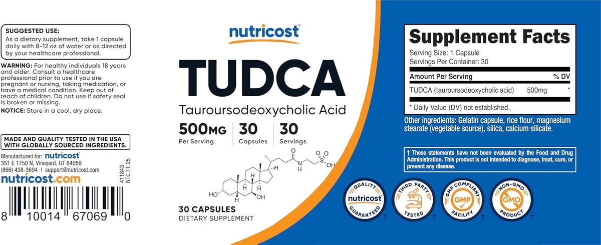 Nutricost TUDCA 500mg, 30 Capsules (Tauroursodeoxycholic Acid) - görsel 6