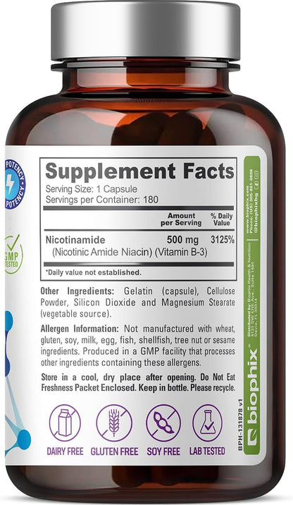 biophix B-3 Nicotinamide 500 mg, 180 Capsules – Flush-Free Vitamin B3 Supplement