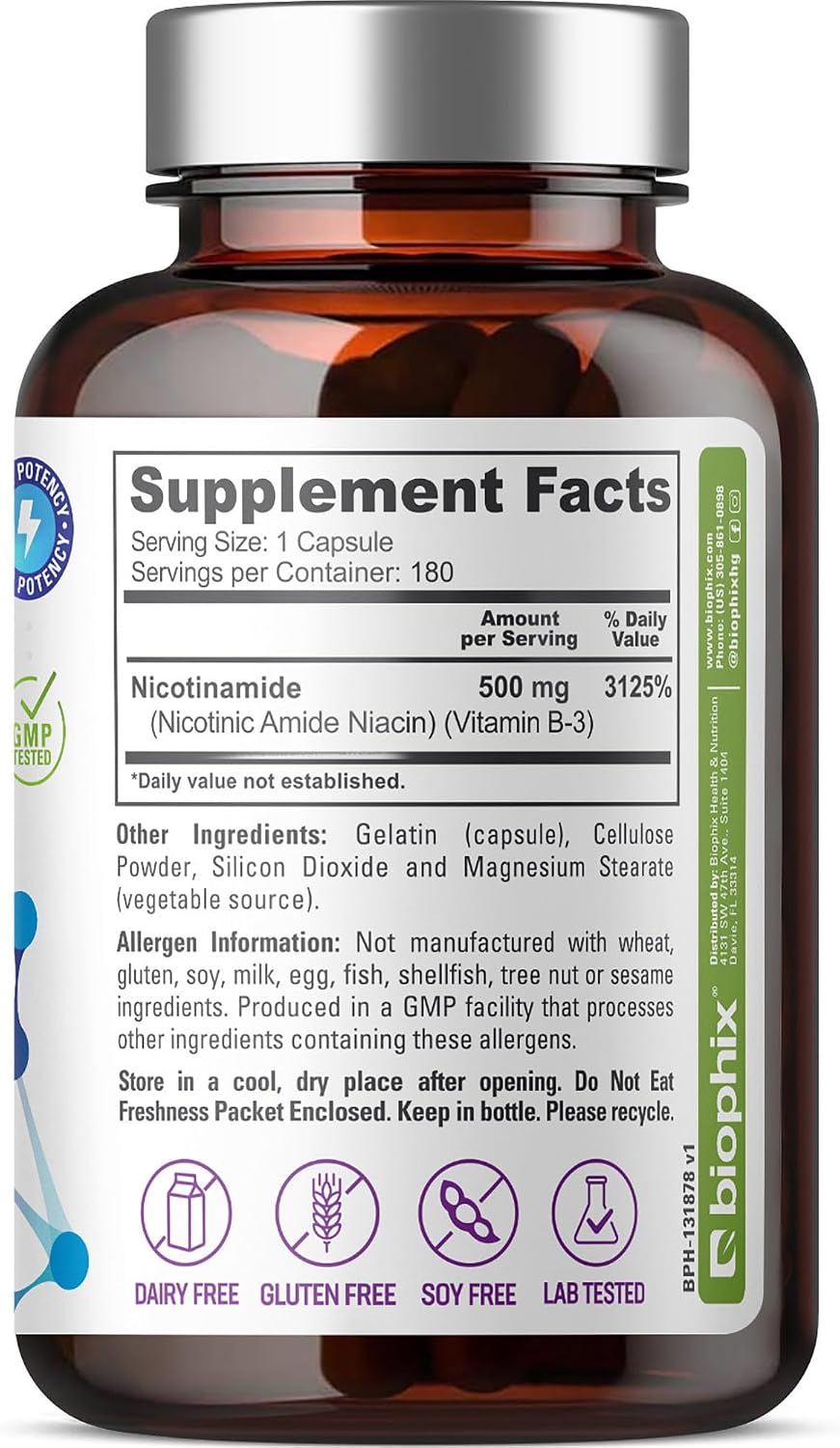 Biophix B-3 Nicotinamide 500 mg – 180 Capsules – Flush-Free Niacin Supplement - görsel 8