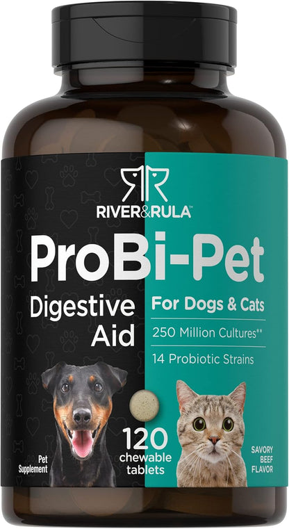 Horbaach Probiotics for Dogs & Cats – 120 Chewable Tablets – Digestive Health Supplement with 14 Probiotic Strains – Savoury Beef Flavour