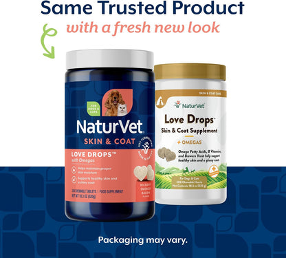 NaturVet Love Drops Plus Omegas Skin & Coat Supplement for Dogs and Cats – Peanut Butter Flavour, 200 Chewable Tablets