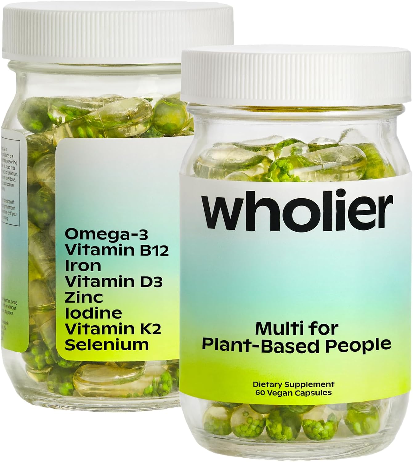 wholier Multi for Plant Based People – Vegan Multivitamin with Omega-3 DHA & EPA, B12, D3, Iron, Zinc – 60 Capsules - görsel 1