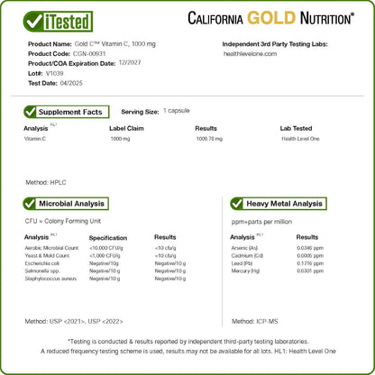 California Gold Nutrition Vitamin C, 1000 mg Veggie Capsules, 60 Count