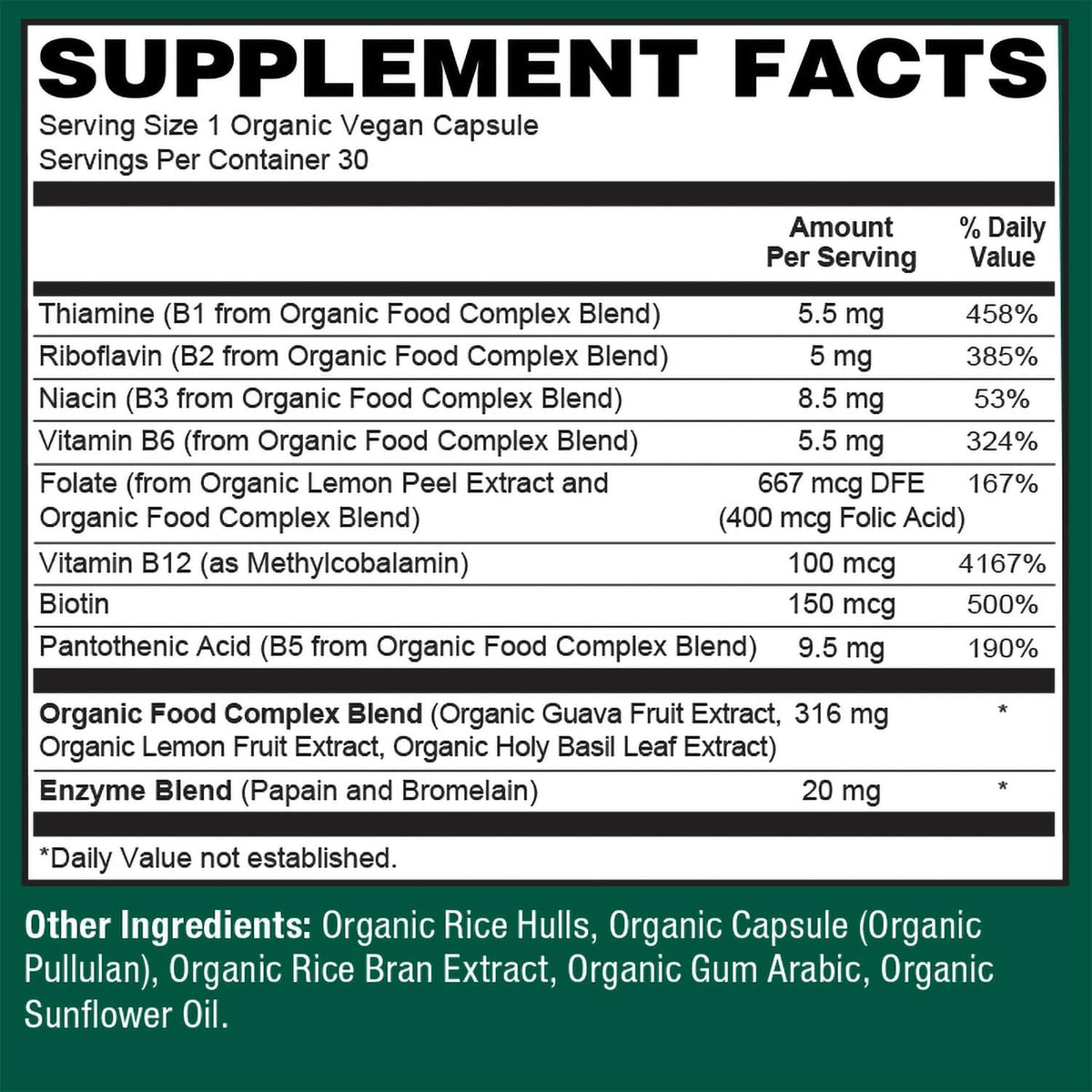 PlantFusion Organic Vitamin B-Complex, Vegan Whole Food Supplement for Energy & Metabolism, Methylated B12, Guava, Lemon & Basil, Non-GM, Gluten-free – 30 Capsules - görsel 5