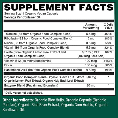 PlantFusion Organic Vitamin B-Complex, Vegan Whole Food Supplement for Energy & Metabolism, Methylated B12, Guava, Lemon & Basil, Non-GM, Gluten-free – 30 Capsules