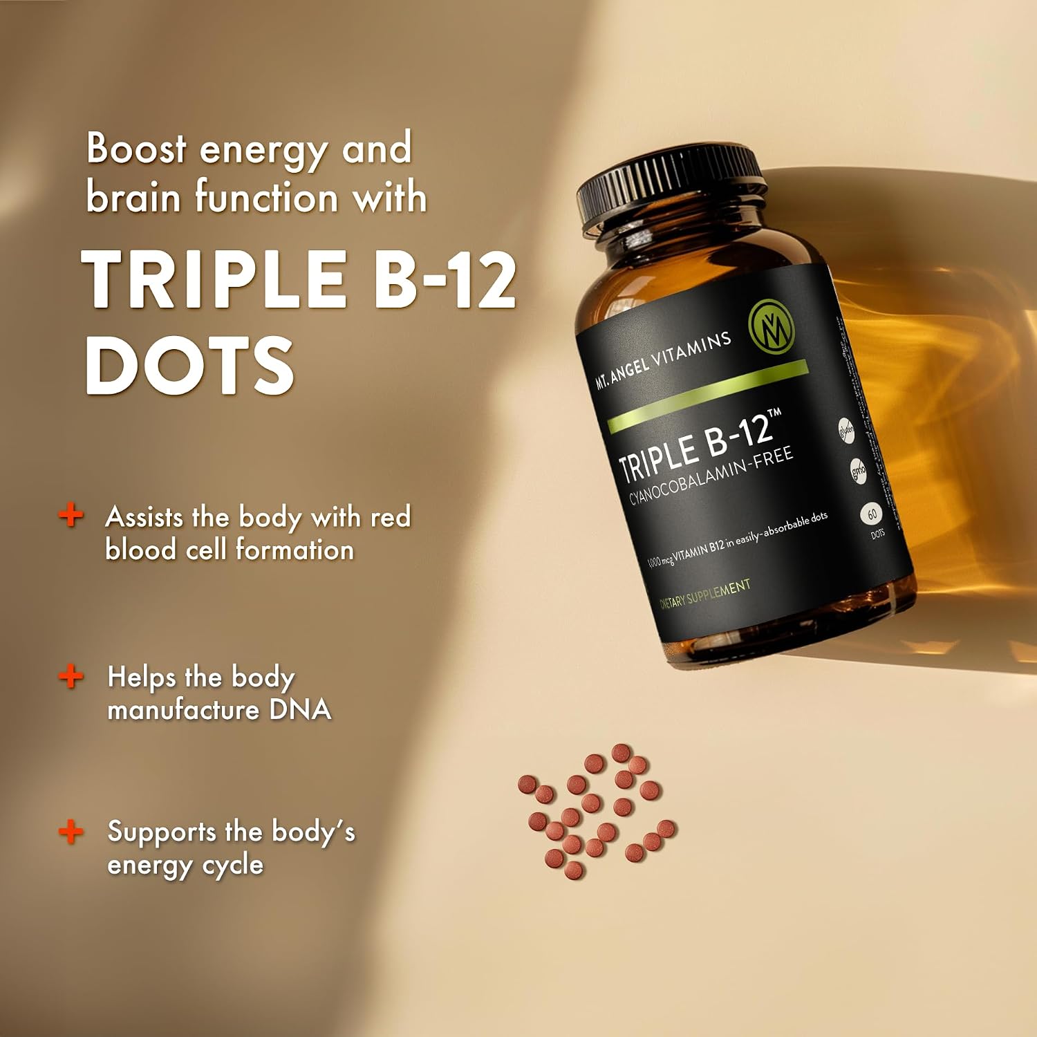 Mt. Angel Vitamins - Triple B-12 Dots | Fast-Dissolving Sublingual Dots with Methylcobalamin, Adenosylcobalamin & Hydroxocobalamin – 60 Dots - görsel 5