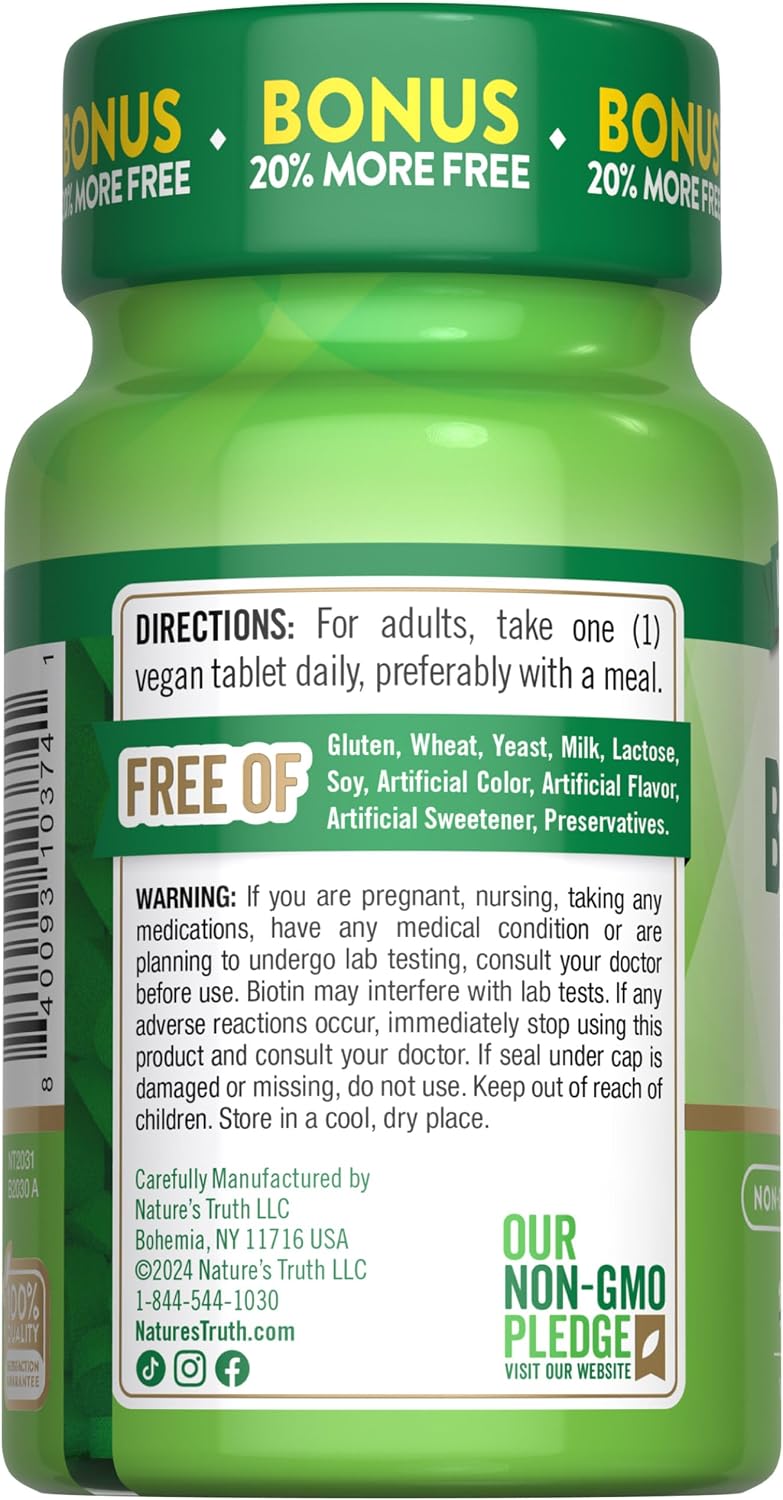 Nature's Truth Biotin 1000mcg - 120 Tablets, Vegan, Non-GMO, Gluten-free Supplement - görsel 7