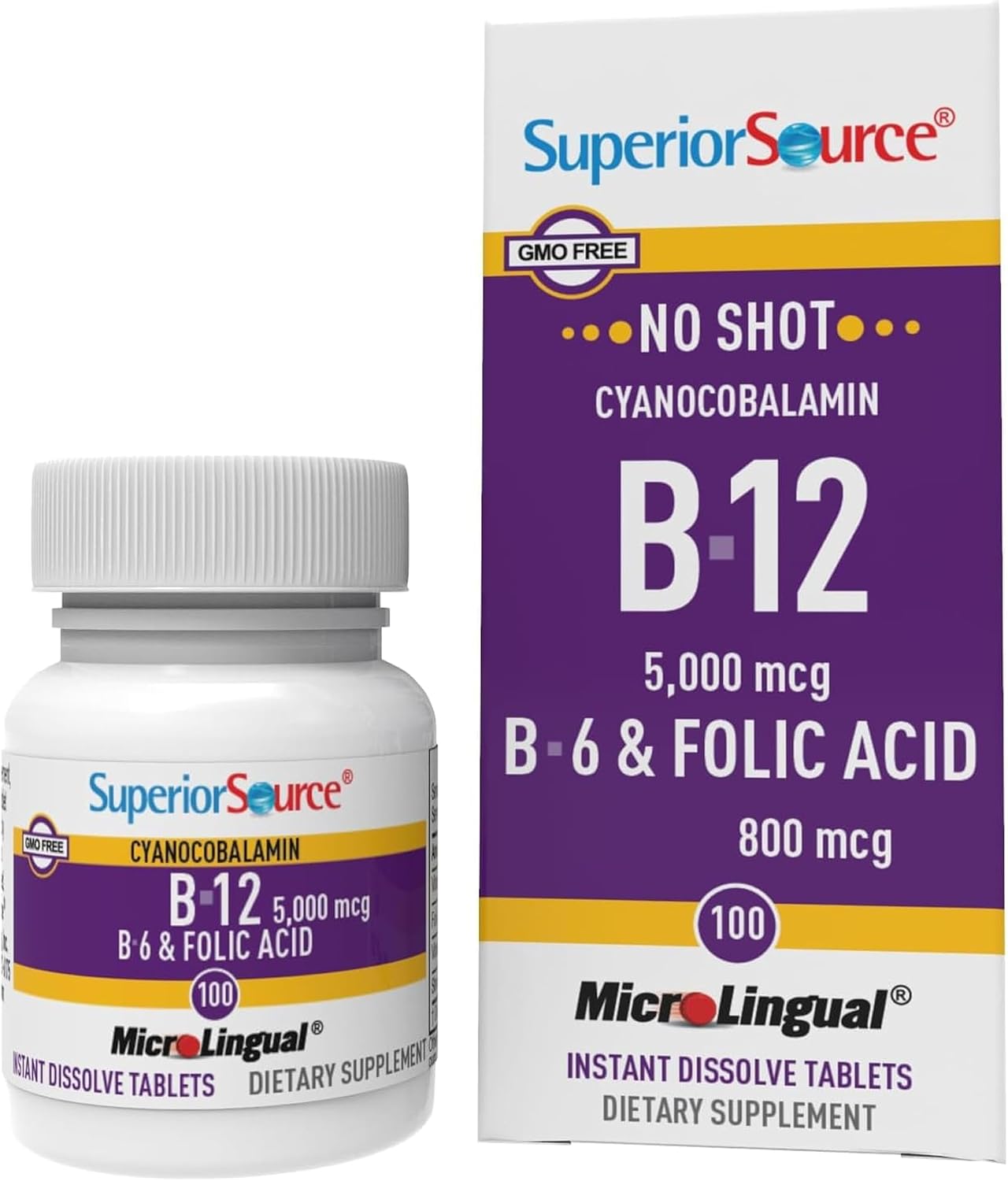 Superior Source No Shot Vitamin B-12 5000 mcg, B-6, Folic Acid - Sublingual Tablets for Energy and Nerve Function - 100 Count - görsel 1