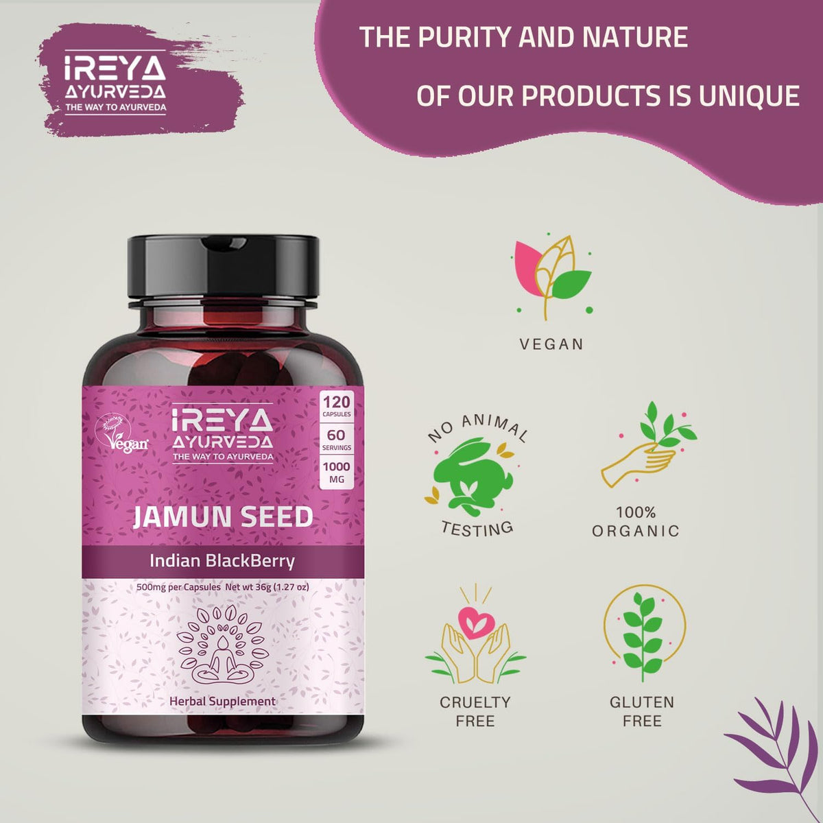 Jamun Seed Capsules – Organic Indian BlackBerry (Eugenia Jambolana) 1000mg – 90 Capsules - görsel 4