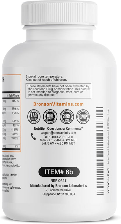 Bronson Vitamin B Complex | With B1, B2, B3, B6, Folic Acid & B12 | 250 Tablets
