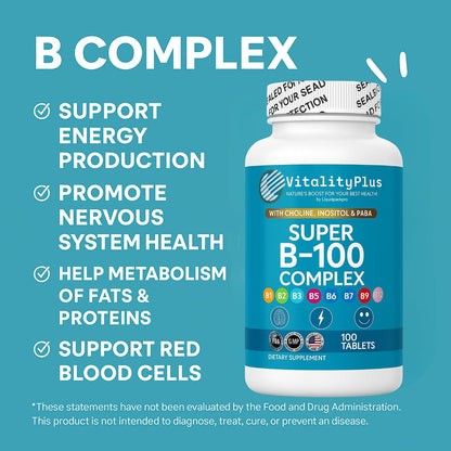Super B-100 Complex – High Strength B-Vitamins with Choline, Inositol & PABA – 100 Tablets