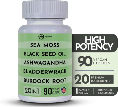 Black Seed Oil 3000mg Sea Moss 3000mg Ashwagandha 1000mg Turmeric 1000mg Burdock 1000mg Bladderwrack 1000mg with Elderberry, Manuka, Chlorophyll, Dandelion & Yellow Dock - 90 Vegan Capsules