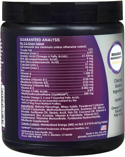 Kala Health PeakTails Skin & Coat Support for Dogs – 90 Chewable Tablets with MSM, Fish Oil, Omega-3 & Omega-6 – Helps Maintain Healthy Skin and a Shiny Coat