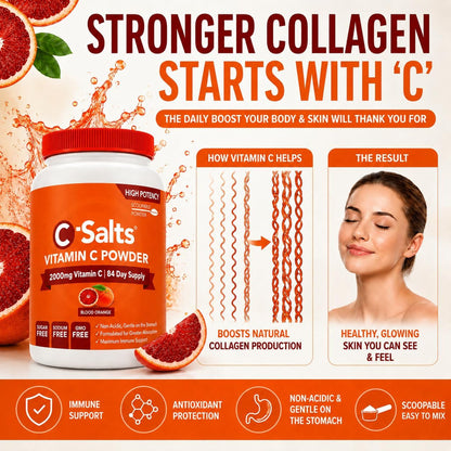 C-Salts Buffered Vitamin C Powder - Pure Organic, Stomach-Friendly Ascorbic Acid Vit C Drink for Daily Immune Support & Collagen Production - Vegan Non GMO Sugar Free - 272 Servings Blood Orange, 26oz (approx. 737g)