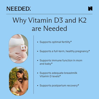 Needed. Expertly Formulated Prenatal Vitamin D3 & K2 | for Fertility, Pregnancy, Breastfeeding and Postpartum | 60 Capsules
