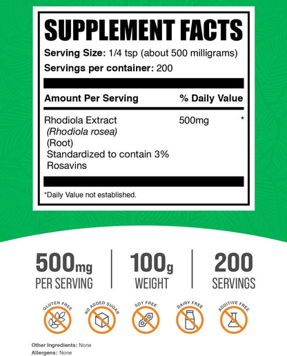 BulkSupplements.com Rhodiola Rosea Extract - 3% Rosavin - 500mg per Serving, 100g Powder