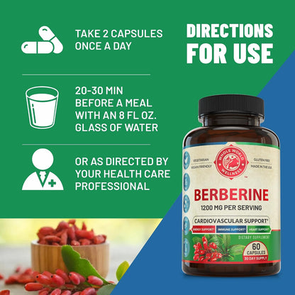 1200mg Berberine Herbal Health Capsules – Heart & Cardiovascular Support, 60 Capsules