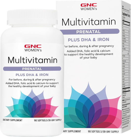 GNC Women's Prenatal Multivitamin Formula with DHA & Iron, Supports Pregnancy and Healthy Foetal Development, Essential Nutrients Folic Acid, Zinc, Calcium Plus B Vitamins, 90 Softgels
