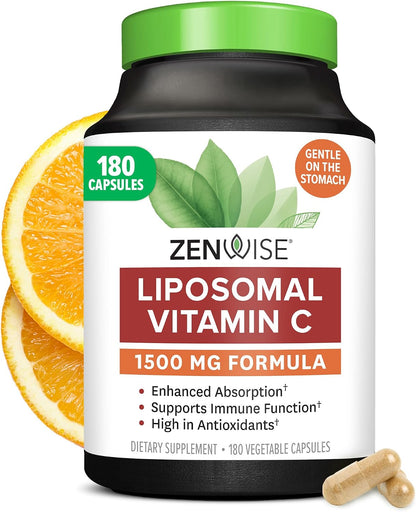 Zenwise Health Enhanced Absorption Liposomal Vitamin C Supplement - 1500mg Liposomal Vit C for Immune Support, Antioxidant & Natural Energy Boost - Organic & Gluten-Free - Unflavoured, 180 Capsules