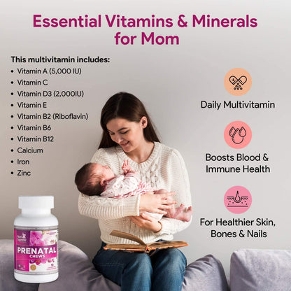 Nutri Supreme Prenatal Vitamin, Chewable Prenatal Vitamins for Women with 800 mcg of Folate, Complete Pregnancy Multivitamin with Iron, Kosher, Cherry Flavour, 90 Count