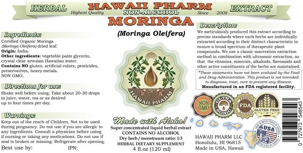 Hawaii Pharm Moringa Alcohol-Free Liquid Extract, Moringa (Moringa Oleifera) Leaf Glycerite Natural Herbal Supplement, 120 ml - görsel 2