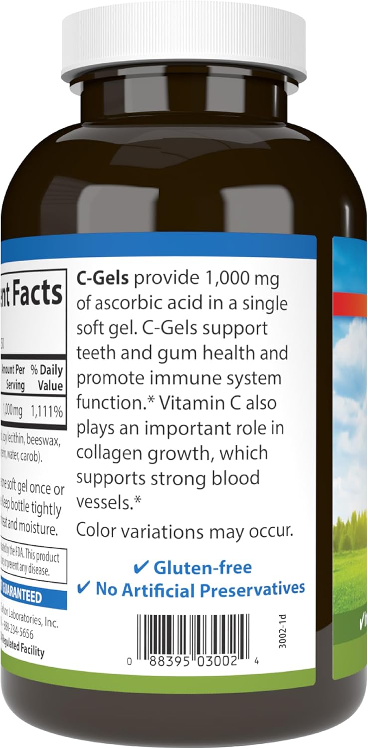 Carlson C-Gels 1000mg Vitamin C Softgels – Immune & Blood Vessel Support, Antioxidant, 250 Softgels - görsel 9