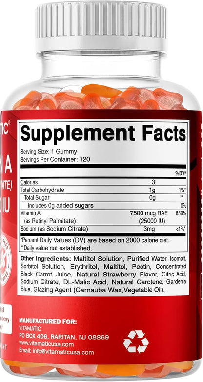 Vitamatic Vitamin A 25,000 IU Gummies – Sugar-Free Retinyl Palmitate – 1 Daily Gummy, 120 Servings – Natural Strawberry Flavour – Pectin Based – 120 Count