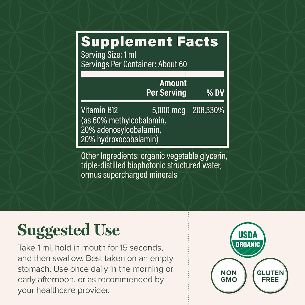 Global Healing - Organic Vitamin B12 5000 mcg Sublingual Liquid - Methylcobalamin, Hydroxocobalamin Blend - Methylated Drops - Vegan, Non-GMO (59 ml) - görsel 3