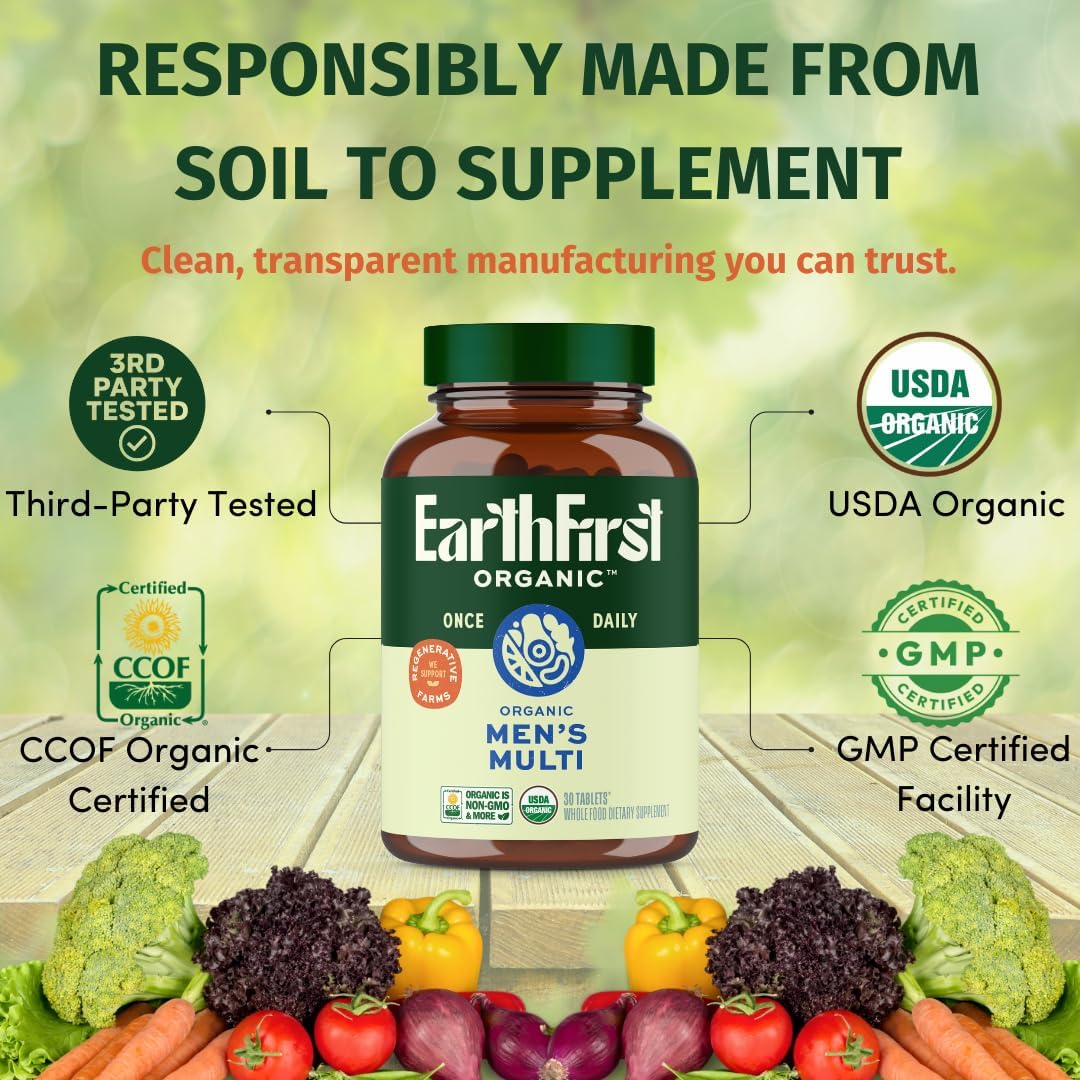EarthFirst Organic Men's Multi Once Daily – Whole-Food Multivitamin with 19 Vitamins & Minerals, Vegan, 60 Capsules - görsel 6