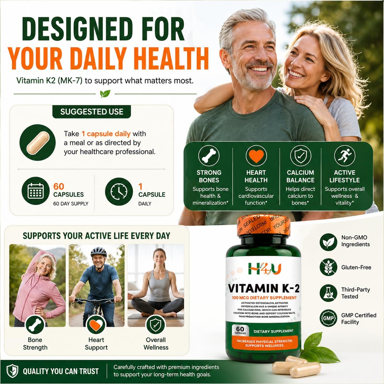 H4U Vitamin K2 MK-7 100 mcg – 60 Veggie Capsules – Supports Bone & Heart Health - görsel 6