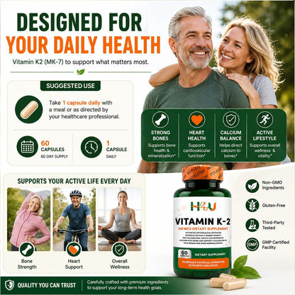 H4U Vitamin K2 MK-7 100 mcg – 60 Veggie Capsules – Supports Bone & Heart Health