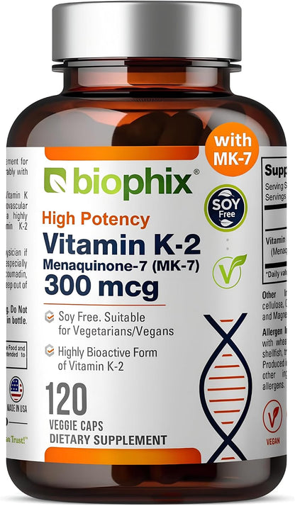 biophix Vitamin K2 MK-7 300mcg, 120 Vegan Capsules – High-Strength Supplement for Bone Strength and Immune Health