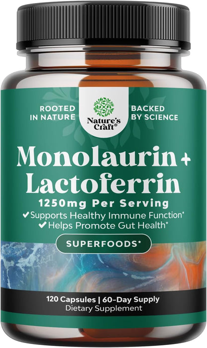 High Strength Lactoferrin & Monolaurin Supplement – Microbiome Digestive Health Immune Support – 250mg Lactoferrin and 1000mg Monolaurin Capsules – Vegetarian 120 Count