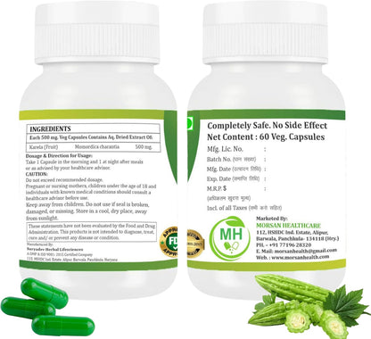 Morsan Health care Karela Capsules – 500 mg | 60 Veg Capsules x 2 Bottles | Pure Momordica charantia Extract | Ayurvedic Herbal Supplement | Plant-Based & Gluten-Free