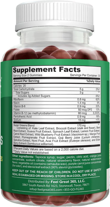 Feel Great Super Green Gummies Teen Vitamins - Vegan Veggie Gummy Multivitamin for Teenagers - 60 Count