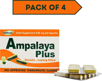 Pack of 4 Ampalaya Plus Supplement 550mg - 120 Capsules - Natural & Vegan - Organic Bitter Melon Capsules - Halal Herbal Food Supplement