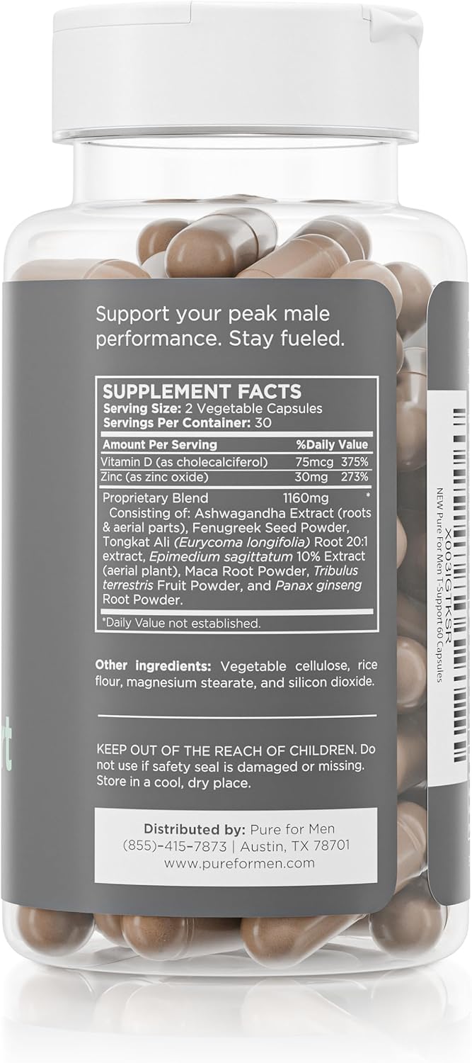 Pure for Men T-Support Supplement - Total Support for Men with Maca, Vitamin D3, and Ashwagandha, 60 Capsules - görsel 2