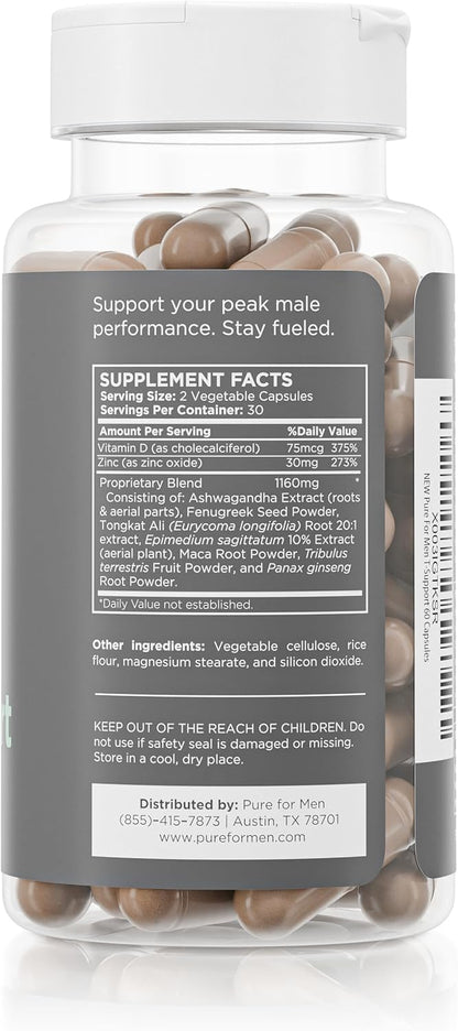 Pure for Men T-Support Supplement - Total Support for Men with Maca, Vitamin D3, and Ashwagandha, 60 Capsules