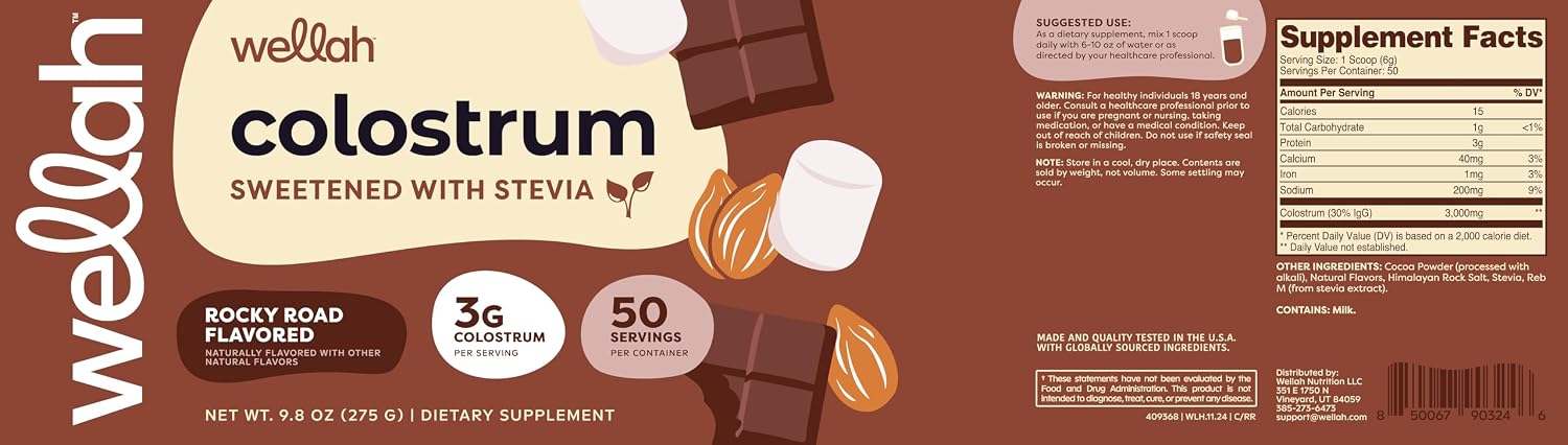 Wellah Colostrum Rocky Road Flavoured (50 Servings) - Sweetened with Stevia, 3g Colostrum Per Serving, Dietary Supplement - görsel 5