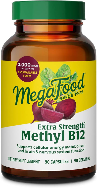 MegaFood Extra Strength Methyl B12 Vitamins, Bioavailable Vitamin B12 3000mcg Per Serving, Supports Energy Metabolism and Nervous System Health, Beetroot, Vegan, Gluten-free, 90 Capsules, 90 Servings