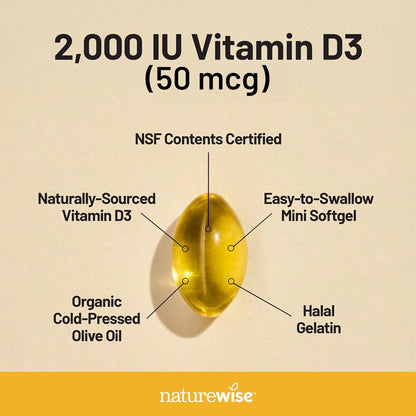 NatureWise Vitamin D3 2000iu (50 mcg) 90-Day Supply for Immune Support, Healthy Muscle Function, and Bone Health - Non-GMO, Gluten-free in Organic Extra Virgin Olive Oil, (Mini Soft gel capsule), 90 Count