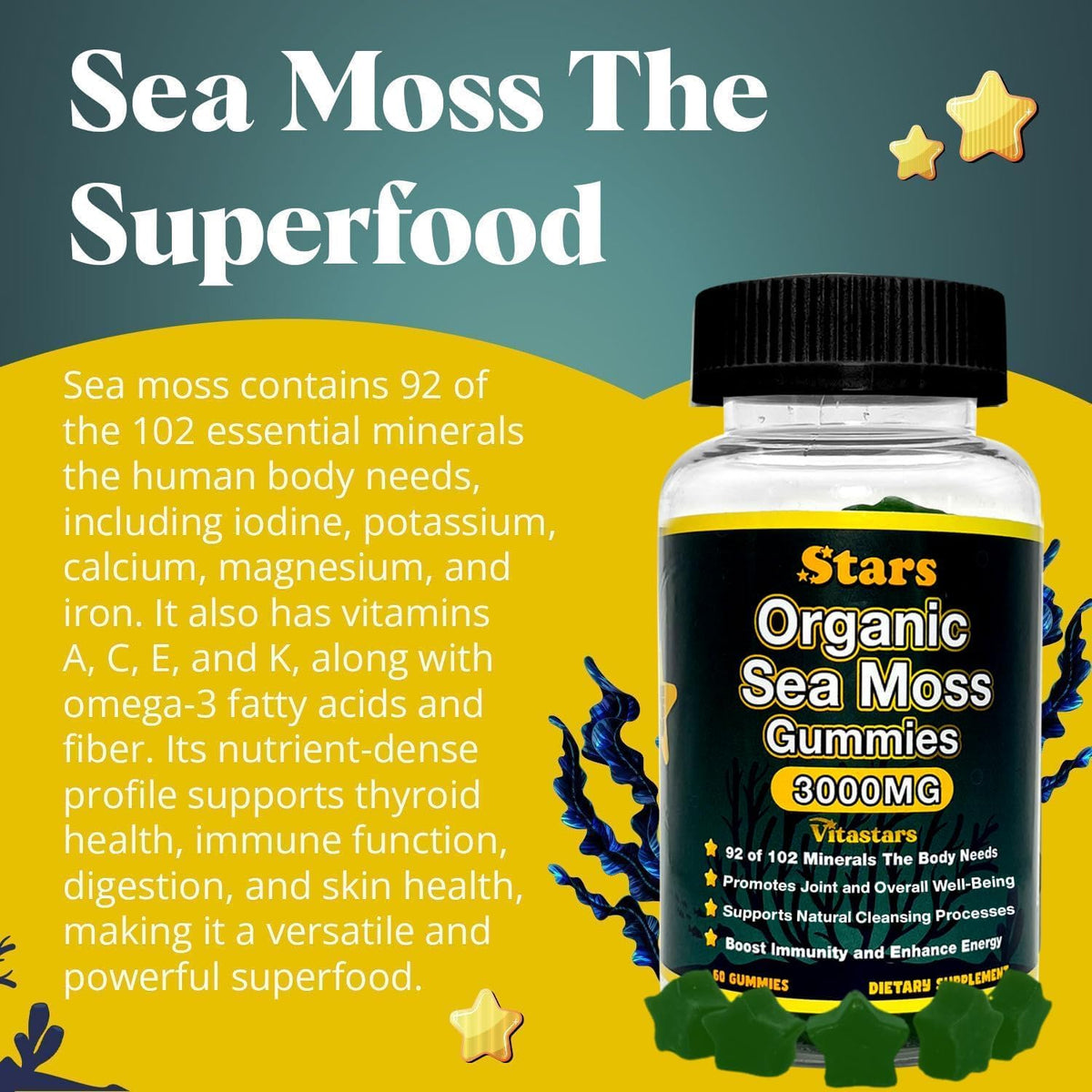 Vitastars Organic Sea Moss Gummies with Apple Cider Vinegar, Burdock Root & Bladderwrack - 3000 mg, 60 Gummies - görsel 3