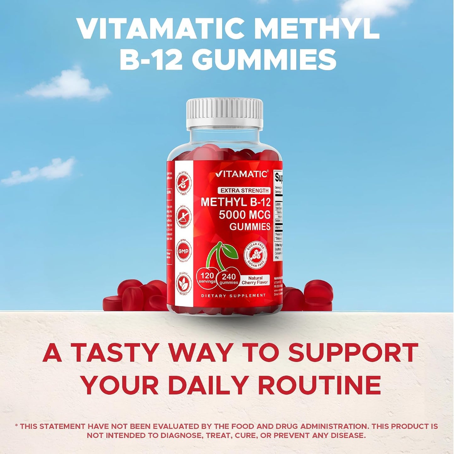 Vitamatic Extra Strength Vitamin B12 5000 mcg (Methyl B12) Gummies - 240 Count, Natural Cherry Flavoured - görsel 7