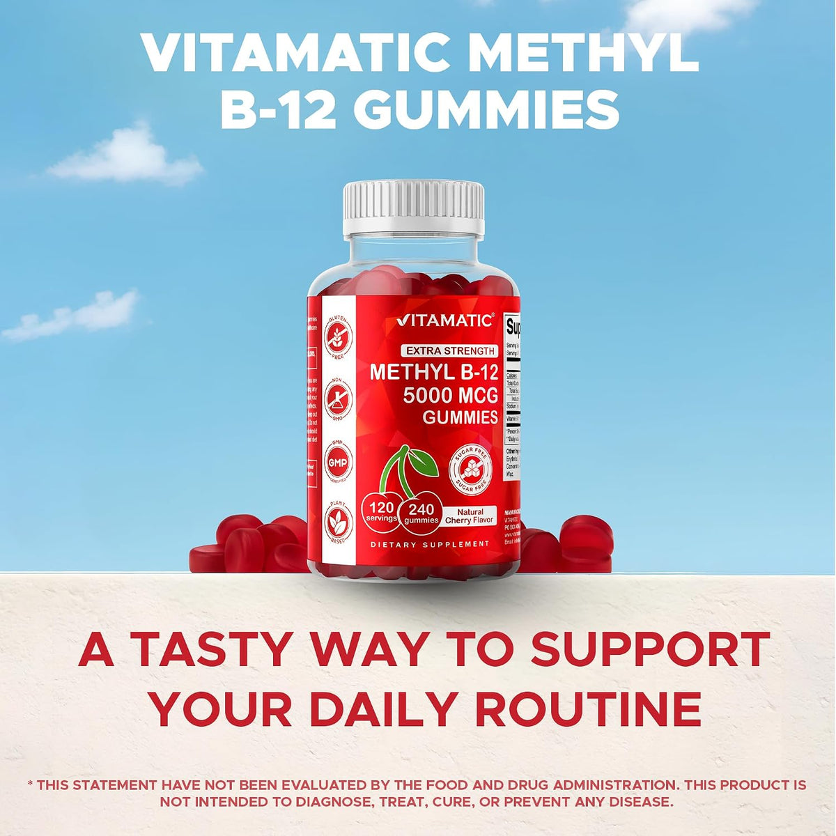 Vitamatic Extra Strength Vitamin B12 5000 mcg (Methyl B12) Gummies - 240 Count, Natural Cherry Flavoured - görsel 7