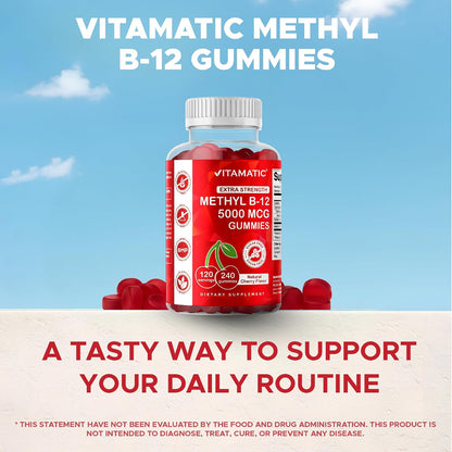 Vitamatic Extra Strength Vitamin B12 5000 mcg (Methyl B12) Gummies - 240 Count, Natural Cherry Flavoured