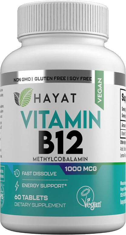 HAYAT Vitamins Vegan Vitamin B12 1000 mcg, Fast-Dissolve Sublingual Tablets for Energy Metabolism Support, 60 Count