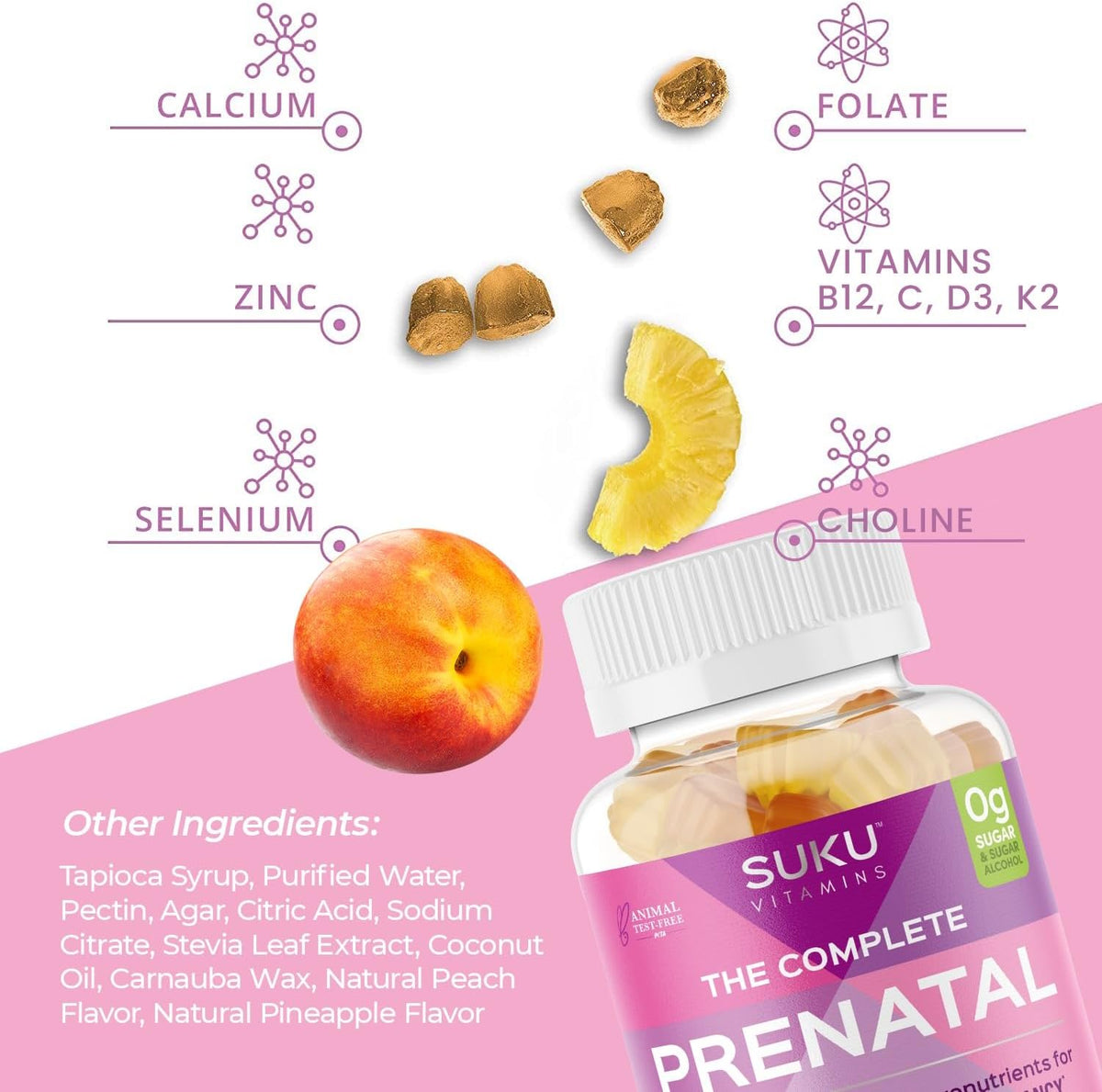 SUKU Prenatal Multivitamin Gummies – Folate, Calcium, Vitamin D3, B12, K2 – Sugar-Free, Vegetarian, Gluten-Free – Pineapple Peach – 60 Count - görsel 5