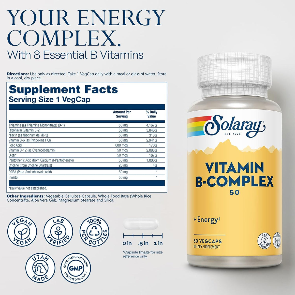SOLARAY Vitamin B Complex 50 mg – Daily Support for Energy Metabolism & Nervous System – 50 Vegan Capsules - görsel 2