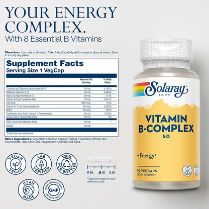 SOLARAY Vitamin B Complex 50 mg – Daily Support for Energy Metabolism & Nervous System – 50 Vegan Capsules